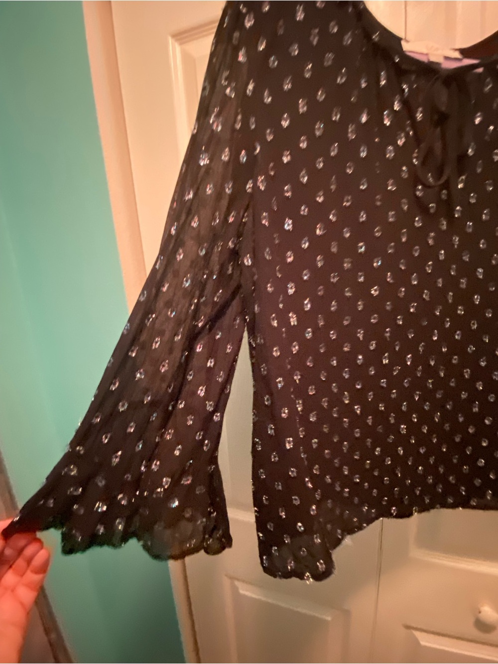 LOFT  Black Peasant Long Sleeve Blouse with metallic color dots Size Large - Picture 5 of 11